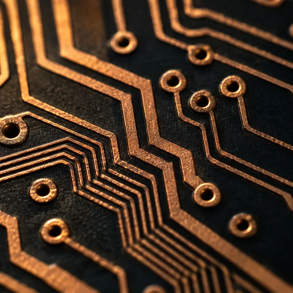 Macro photograph of fine copper traces and pad spacing on a dark green PCB surface