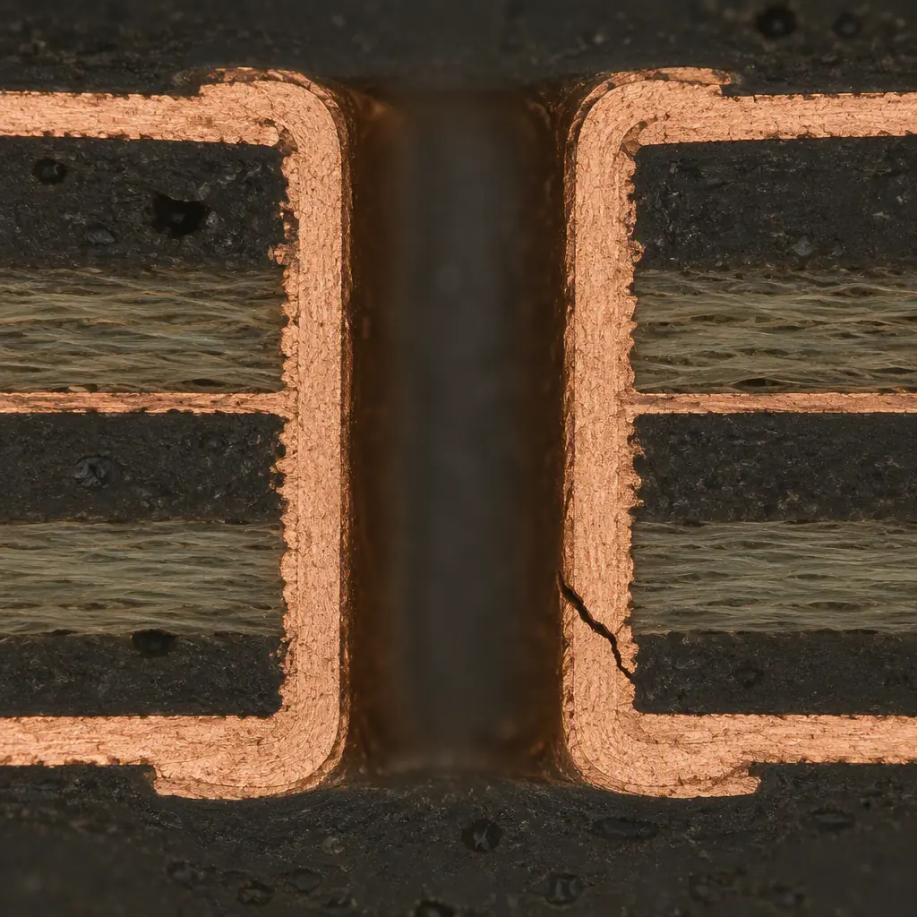 Cross section photomicrograph showing a cracked copper barrel wall in a plated through via of a multilayer circuit board after thermal cycling