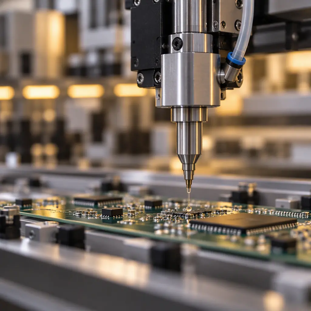 Side view of a piezoelectric jetting valve dispensing solder paste over printed circuit board pads during a qualification run