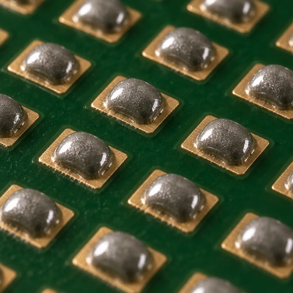 Macro photograph of solder paste droplets deposited on printed circuit board pads by a jetting valve nozzle