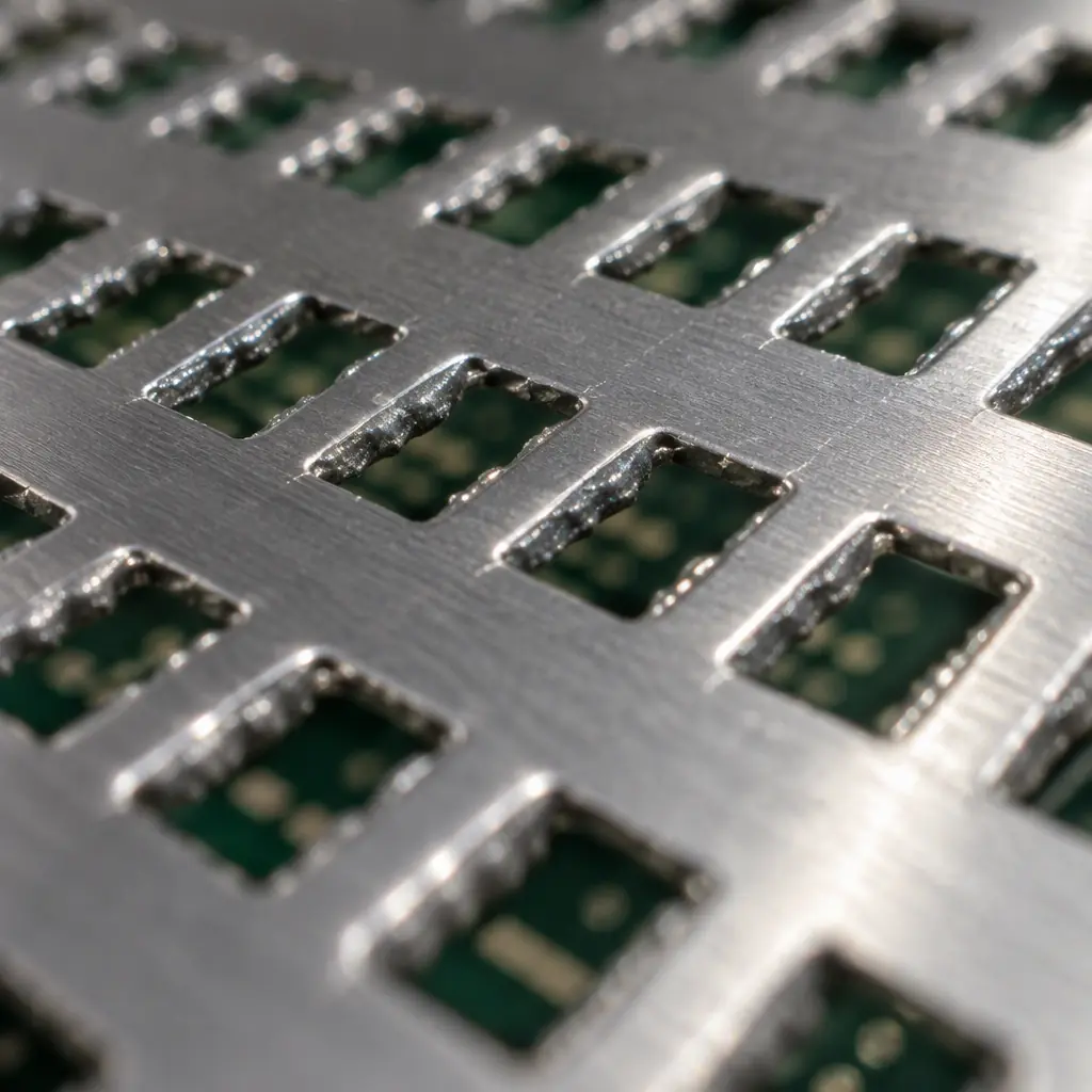 Macro photograph of a stainless steel SMT stencil foil showing laser-cut rectangular apertures at a raking angle