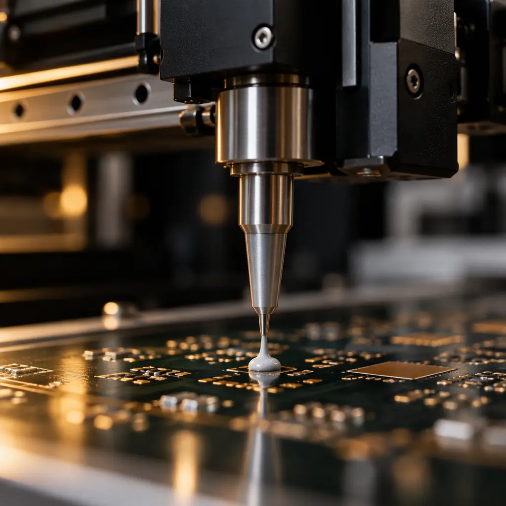 Macro photograph of a solder paste jetting print head depositing a bead of paste onto a copper pad on a circuit board