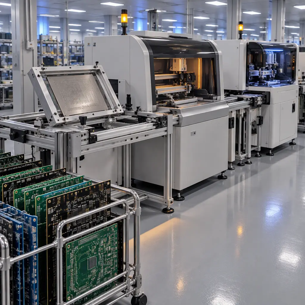 Photograph of a surface mount assembly line changeover area with a paste printer and jetting station on the same rail system