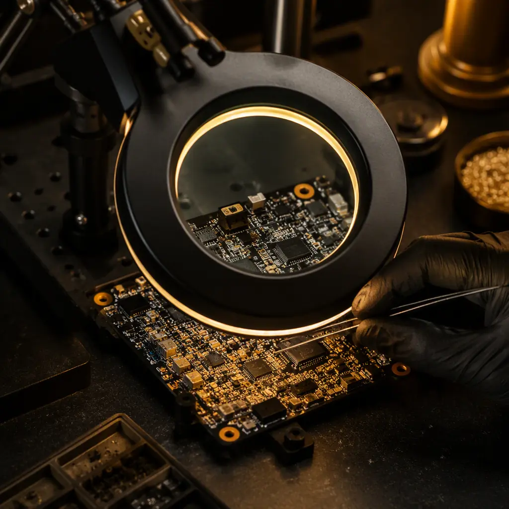 Quality inspector with magnifying lamp and tweezers examining solder joints on an assembled circuit board