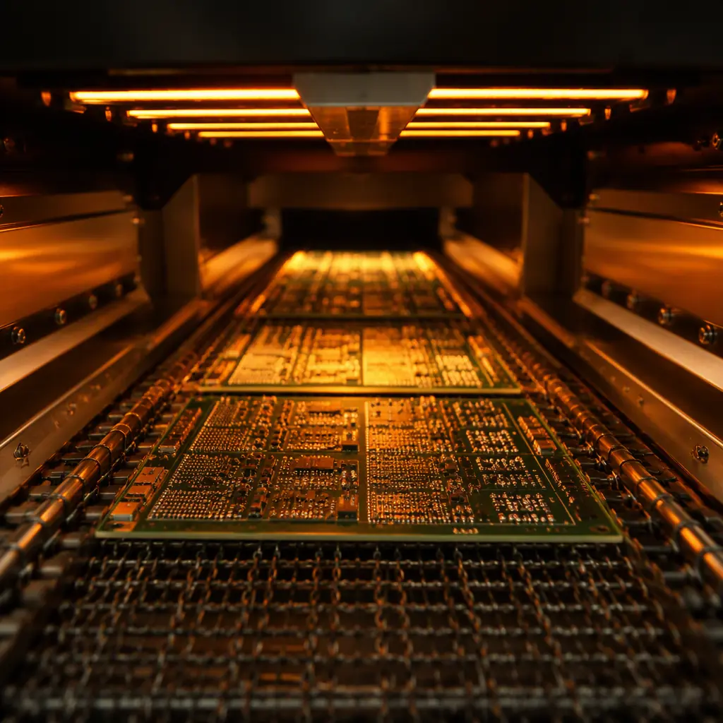 PCB assemblies moving through a reflow soldering oven with visible temperature zones on the machine display