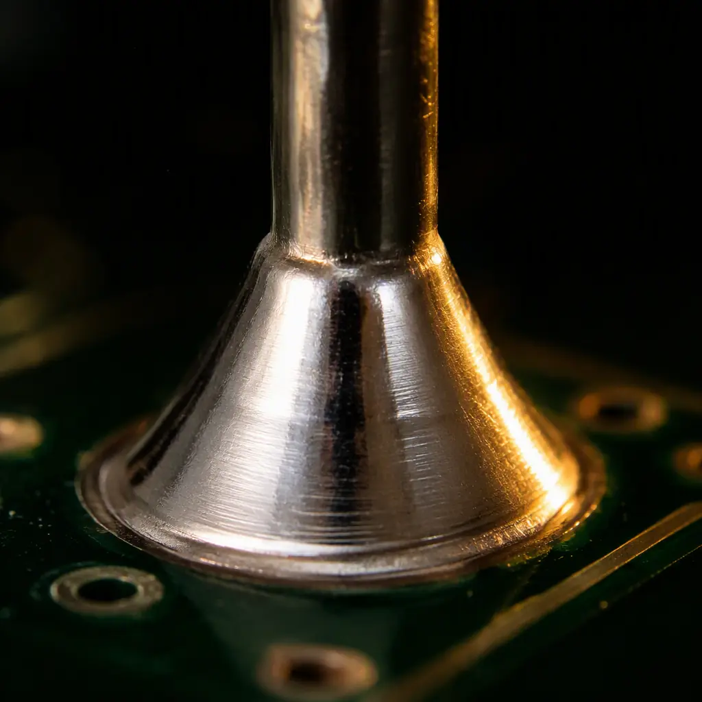 Macro photograph of a wave-soldered through-hole joint with a bright fillet on a PCB assembly line