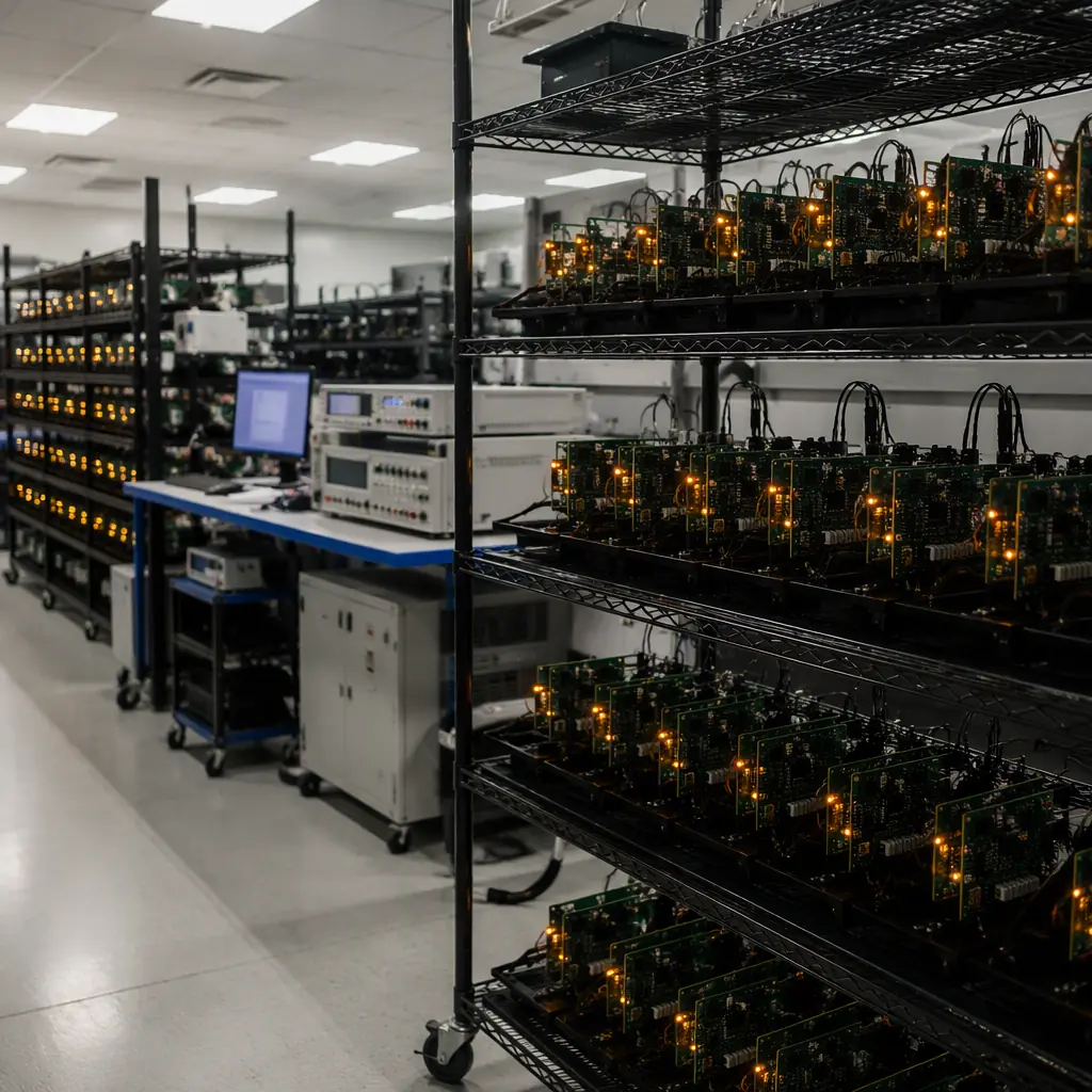 Photorealistic render of a burn-in test rack with populated PCB assemblies under test in a factory environment