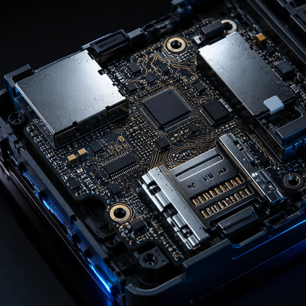 Photorealistic render of a payment terminal PCB with card reader connector, tamper mesh and secure element components