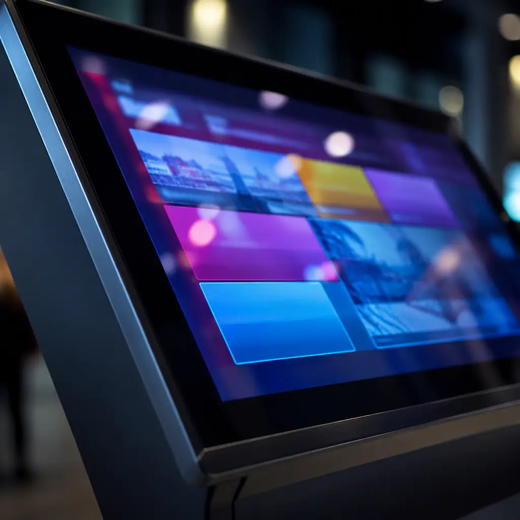 Photorealistic render of a self-service kiosk with a large touchscreen in a bright public space, showing its interactive display