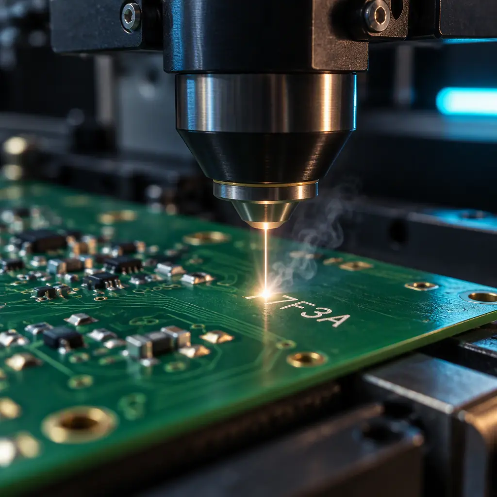 Macro photograph of a laser marking head engraving fine white characters onto the green solder mask of a printed circuit board