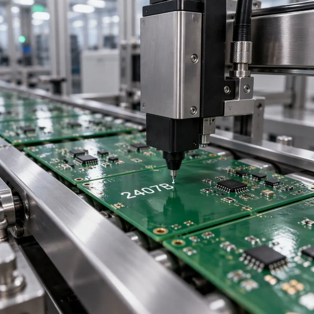 Macro photograph of an industrial inkjet print head depositing a white batch code onto a printed circuit board panel on a conveyor