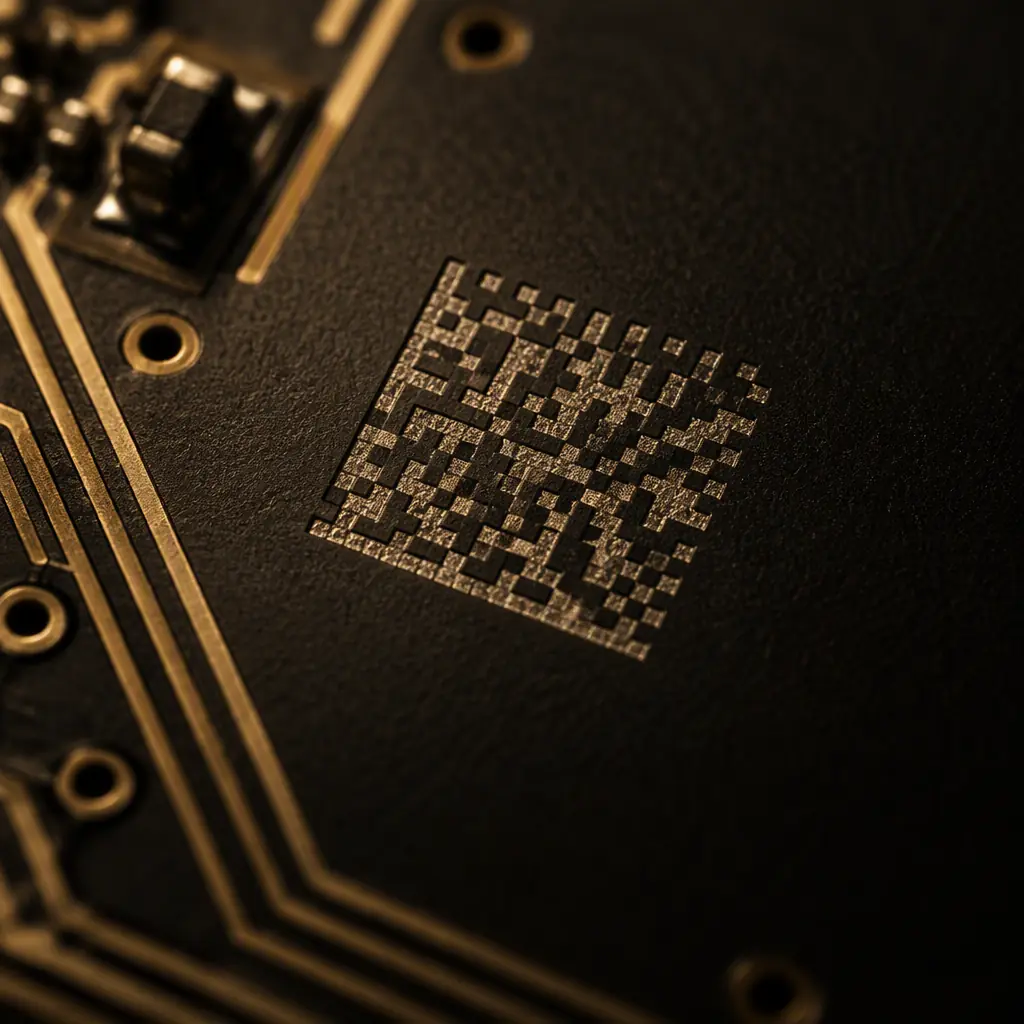 Studio macro photograph of a square 2D data matrix code etched into the matte black solder mask of a printed circuit board