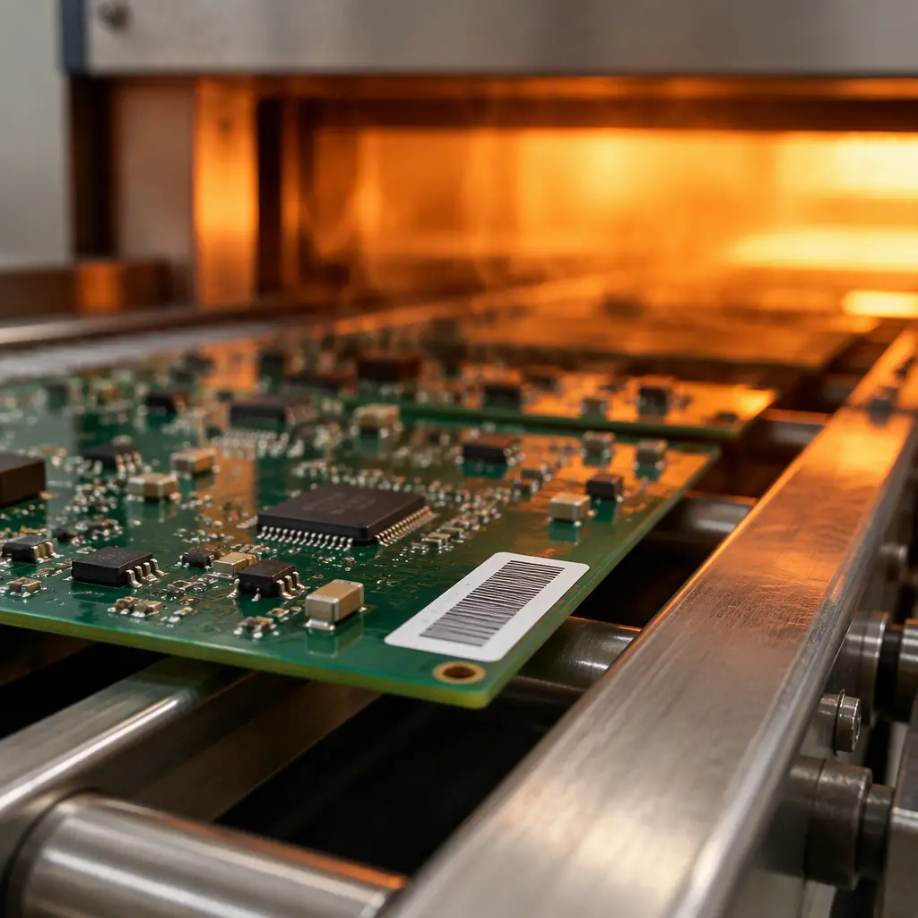 Close-up of a reflow-rated barcode label applied to a printed circuit board as it exits a reflow oven