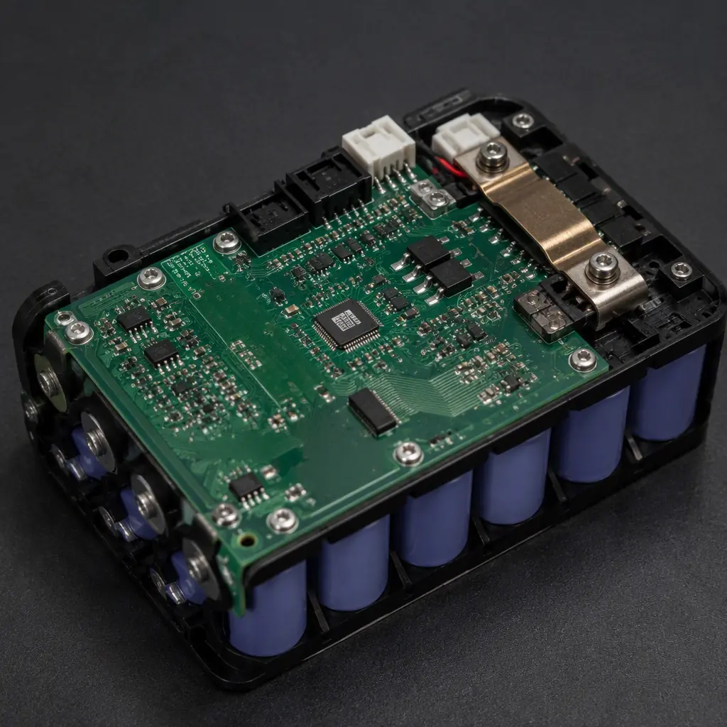 Photorealistic macro photo of a robotic mower battery pack BMS board with Li-ion cells and charge connectors