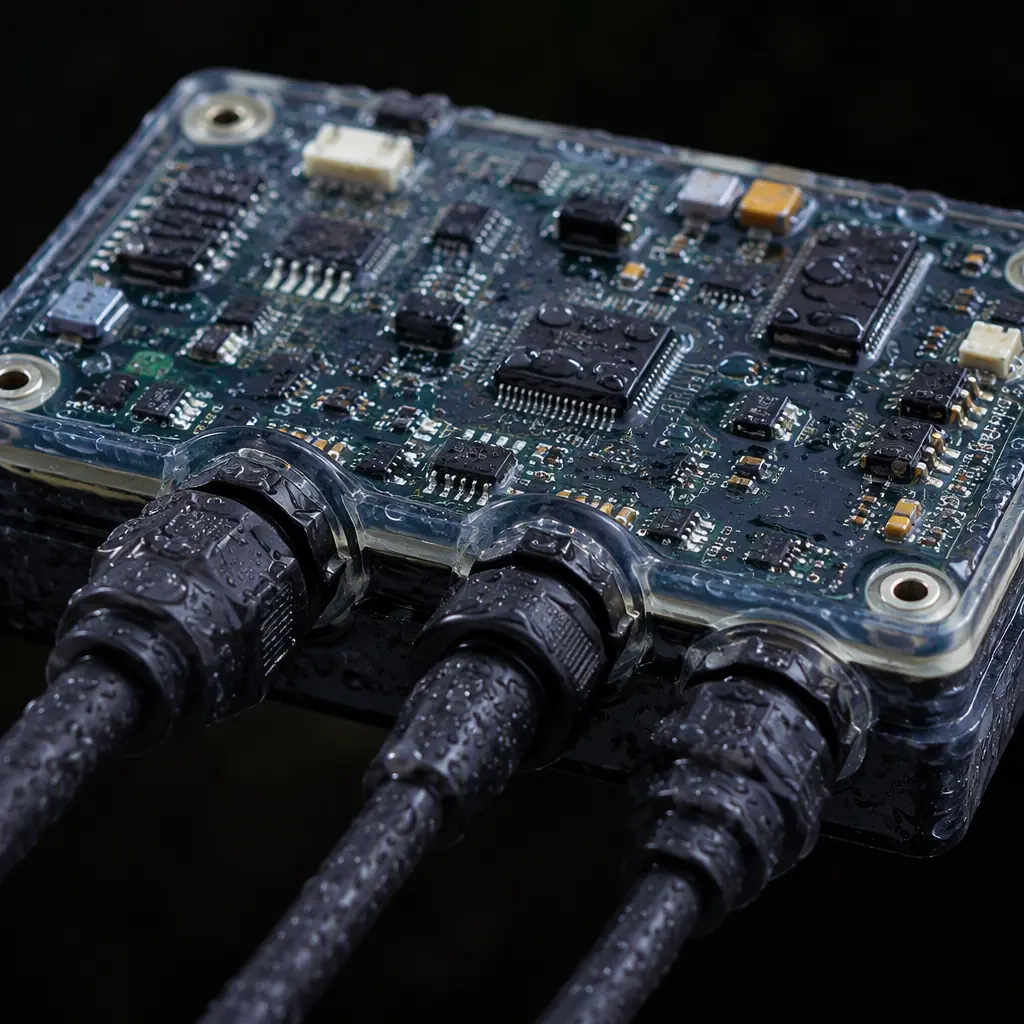 Photorealistic close-up of a conformal-coated outdoor robot control board with silicone coating sheen and sealed connectors