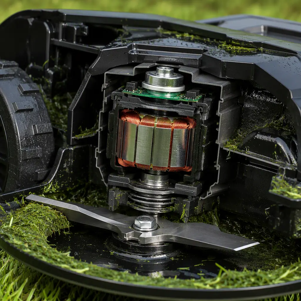 Photorealistic render of a robotic mower cutting deck with sealed BLDC blade motor and waterproof potting