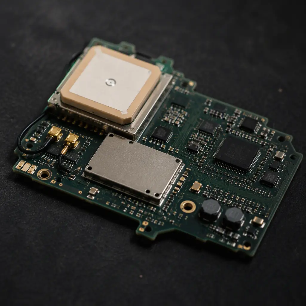 Photorealistic render of a robotic mower PCB with GPS RTK antenna module and shielded RF can