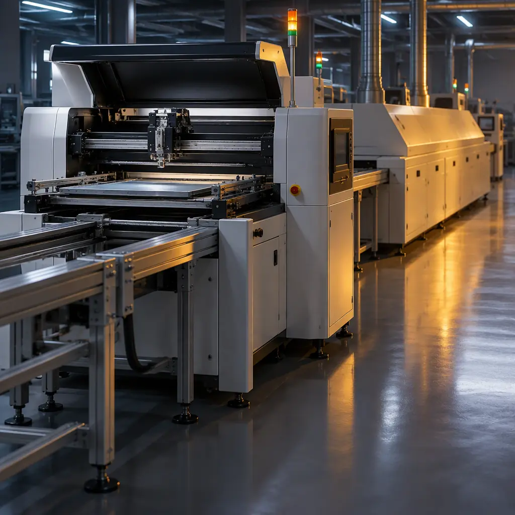 Photograph of an SMT production line at rest with a stencil printer and reflow oven visible and no boards on the conveyor