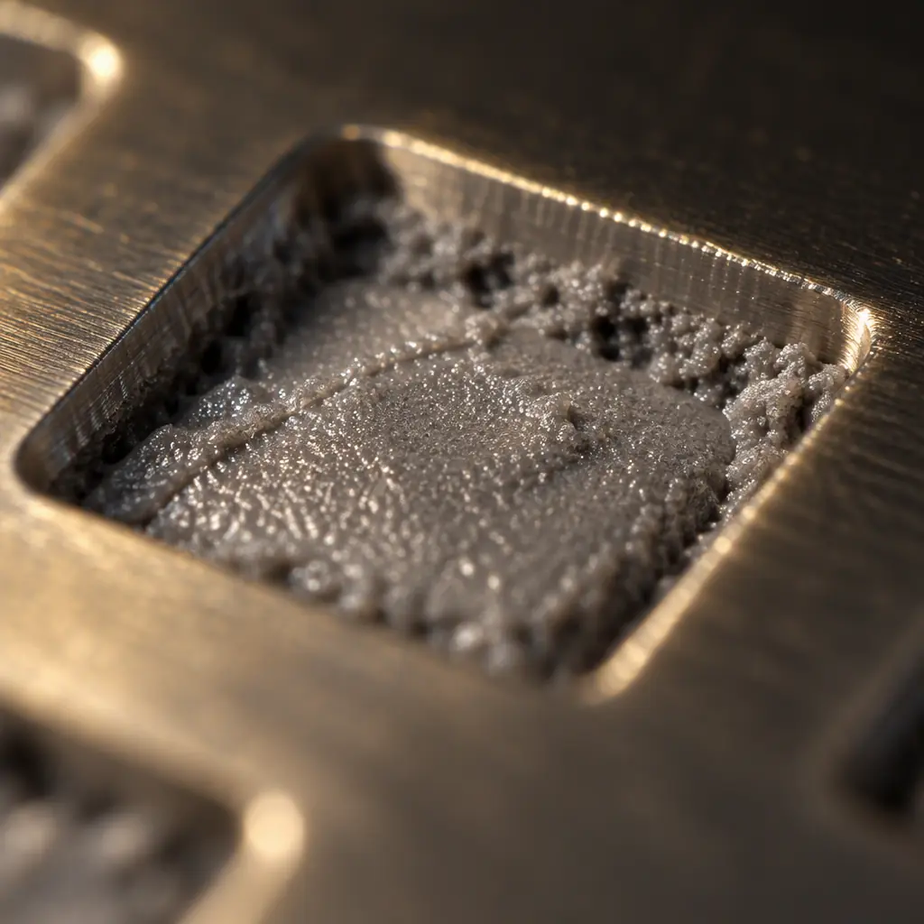 Extreme close-up photograph of solder paste in a stencil aperture showing slightly dried edges against the metal wall