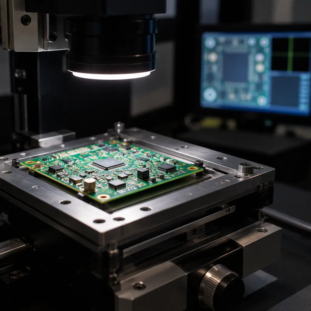 Photograph of a first board after a line restart on an SPI measurement table with a display showing paste height