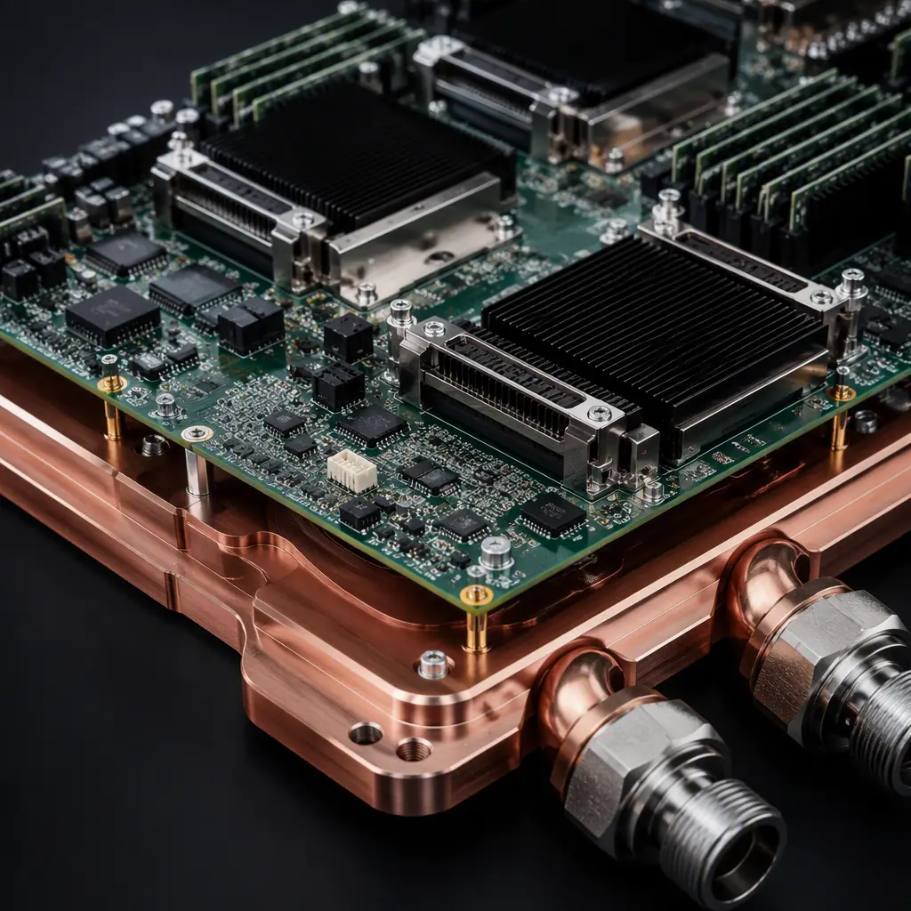 Macro photo of a high-power server PCB mounted above a copper cold plate with coolant inlet and outlet fittings under studio light