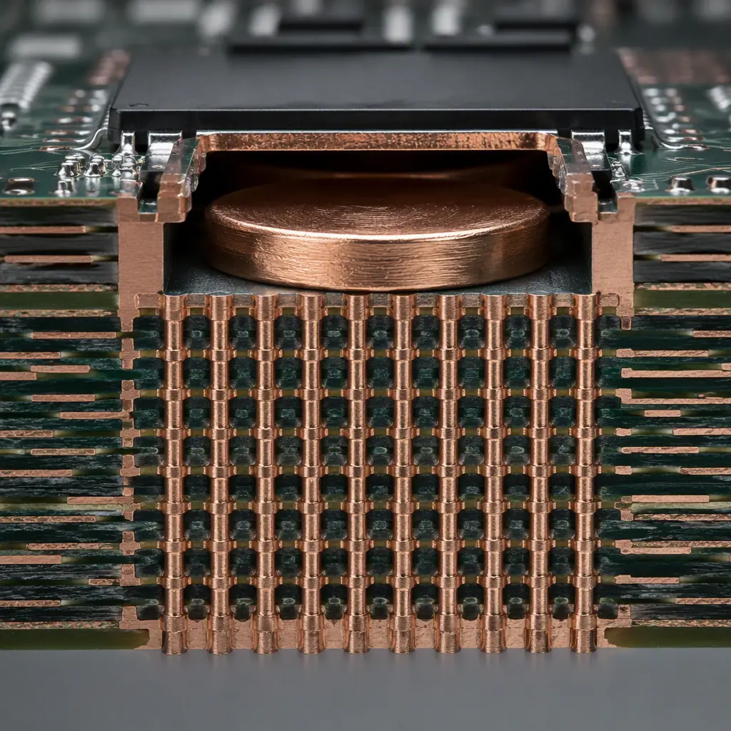Photorealistic 3D cross-section render of a PCB pad showing a dense thermal via field and embedded copper coin under a die