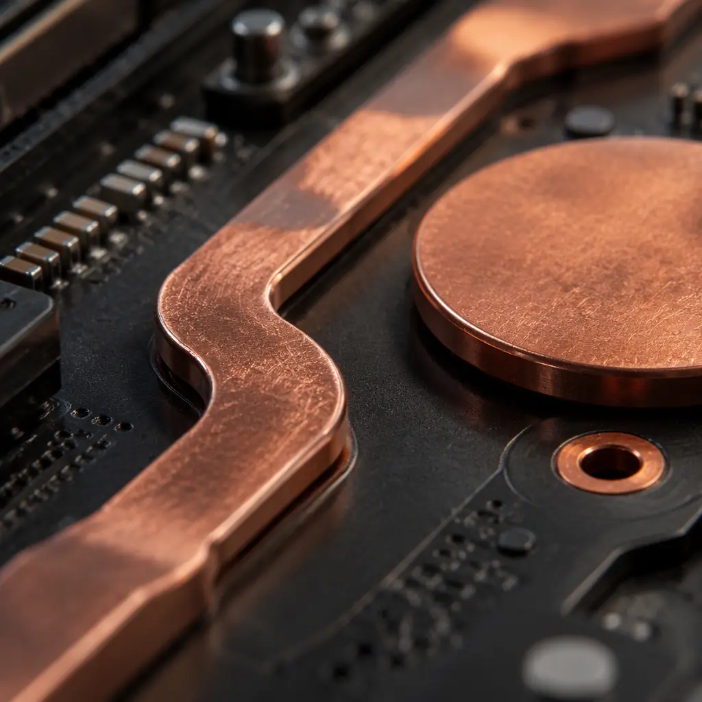 Macro photo of a thick heavy-copper power trace and a copper coin heat-spreading pad on a dark server board