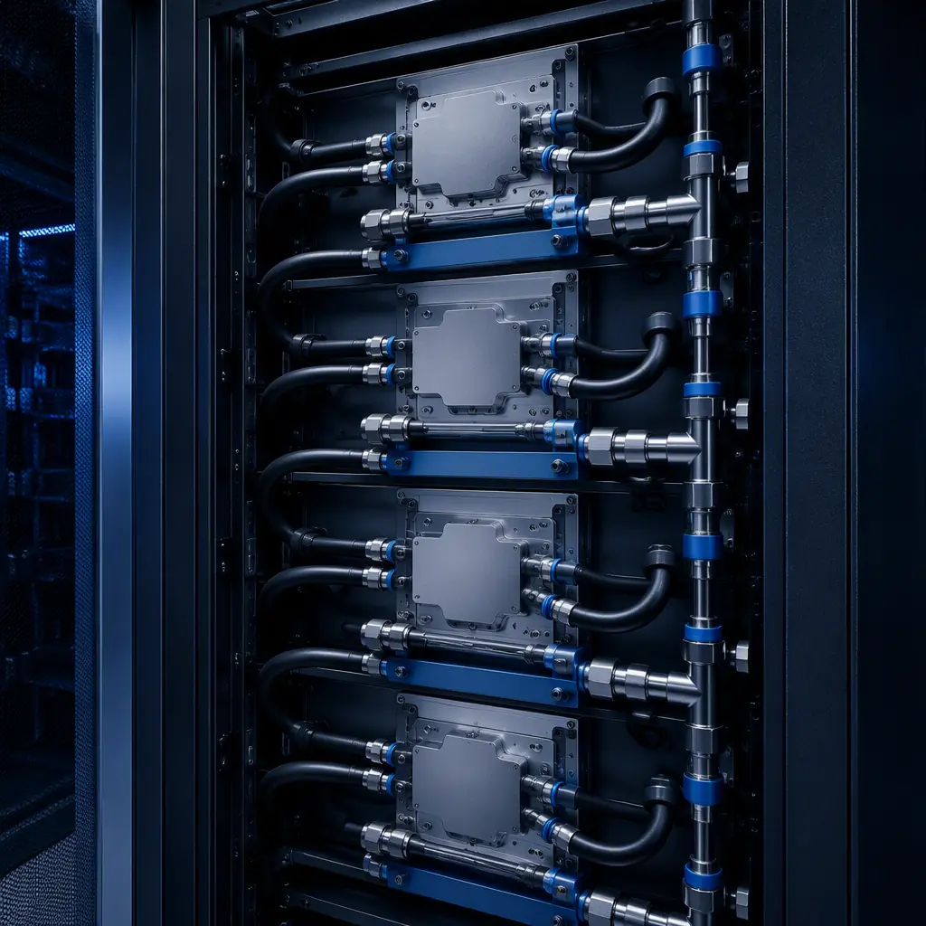 Photorealistic render of a data-center server rack with liquid-cooled cold plates and coolant manifolds in soft blue lighting