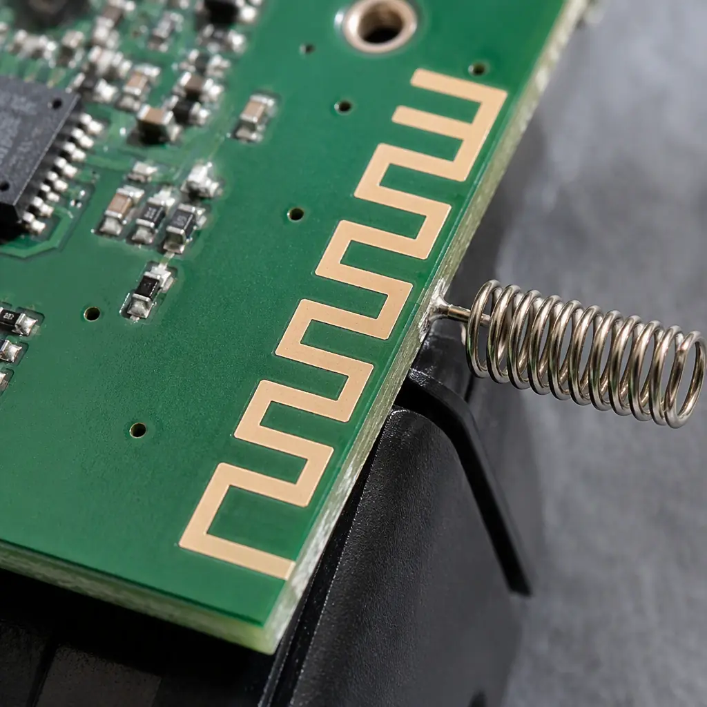 Macro photo of a meandered PCB trace antenna and a spring antenna on a sub-GHz sensor board