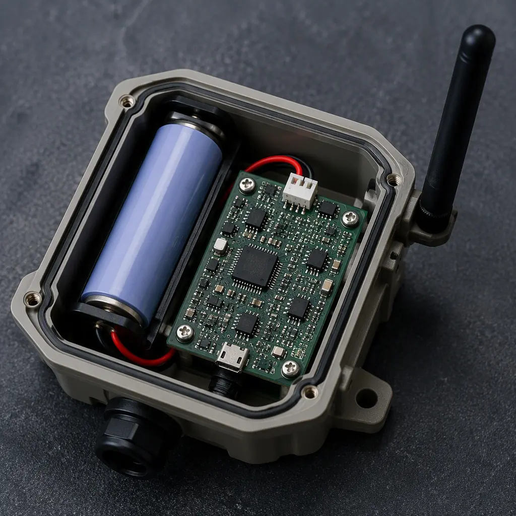 Macro photo of a battery-powered LoRaWAN sensor node with its lithium cell and antenna in a rugged enclosure