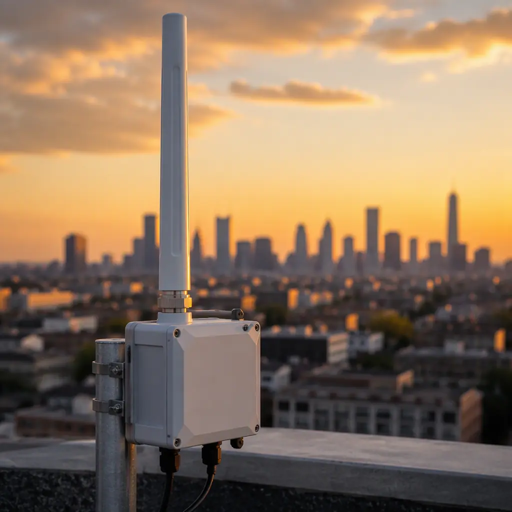 Industrial LoRaWAN gateway with external antenna mounted on a rooftop