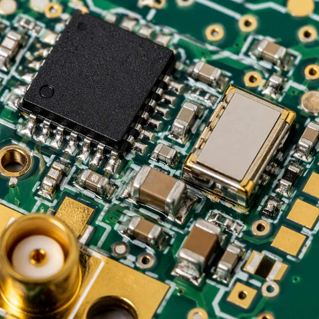 Macro photo of the RF front-end section of a LoRaWAN sensor PCB showing the transceiver, SAW filter and matching components