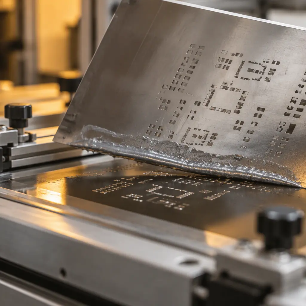 Stencil and squeegee staged on an SMT printer between two product runs