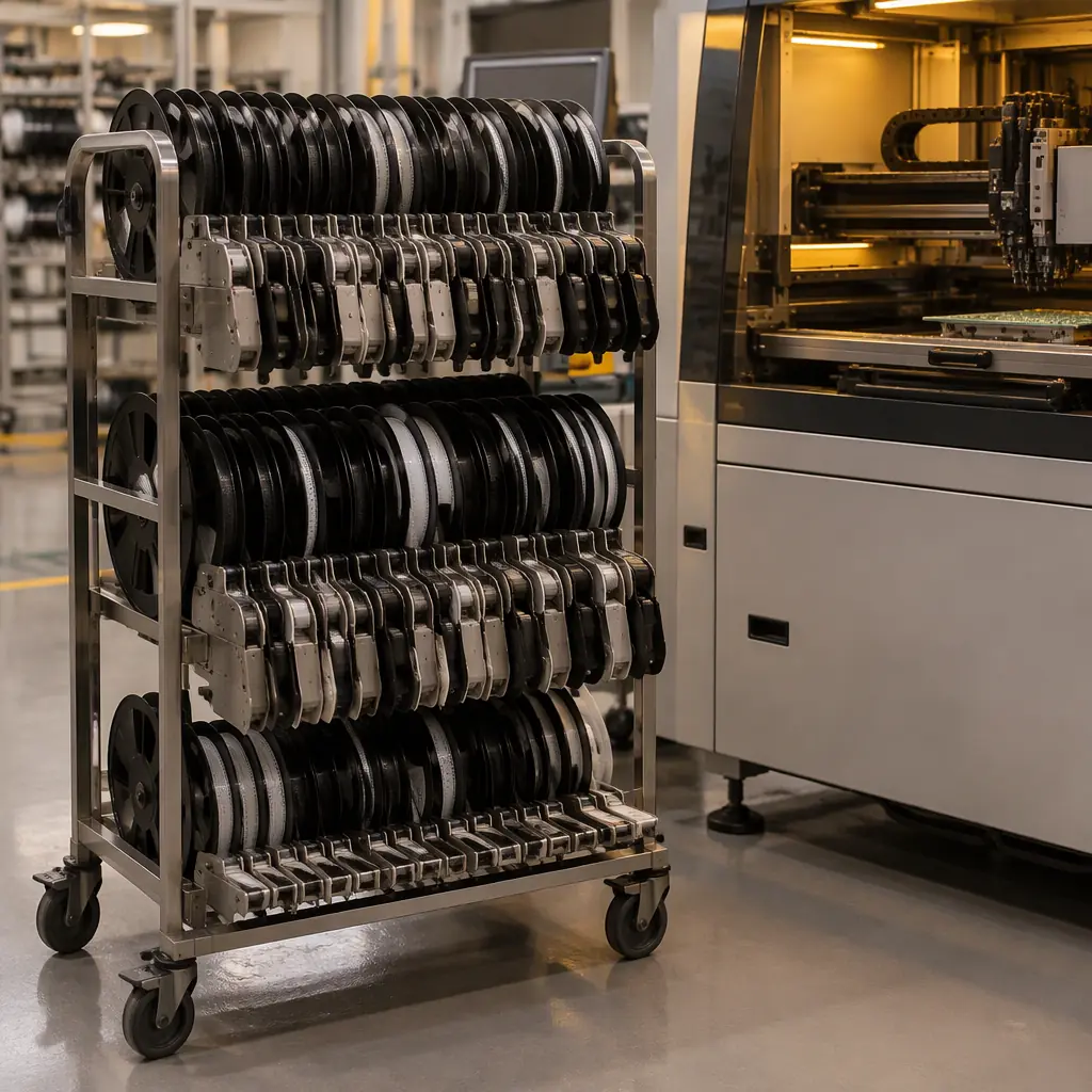 Feeder trolley loaded with component reels beside an SMT pick-and-place machine