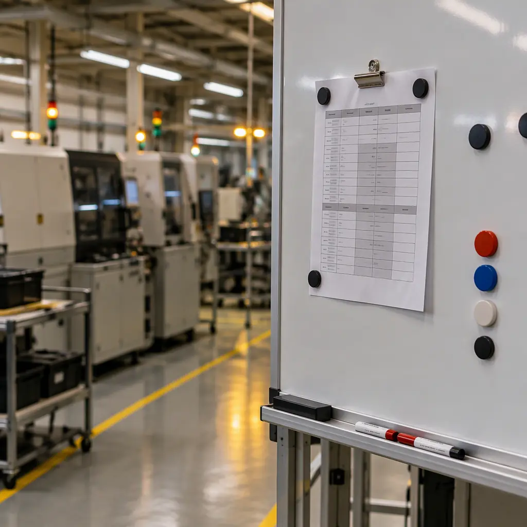 Assembly schedule board beside an SMT line showing four products rotating through one week