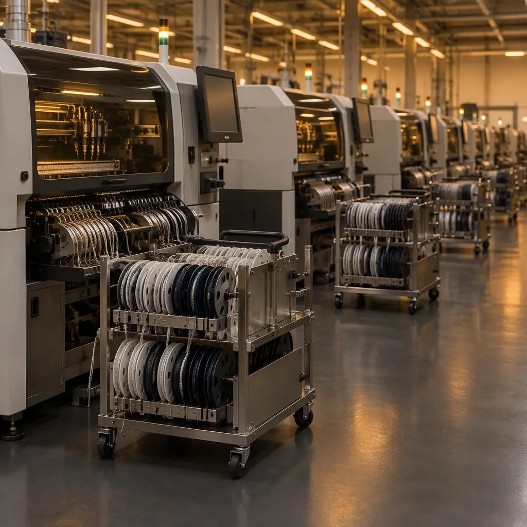SMT assembly line with board panels in a changeover, feeders and stencils staged on trolleys
