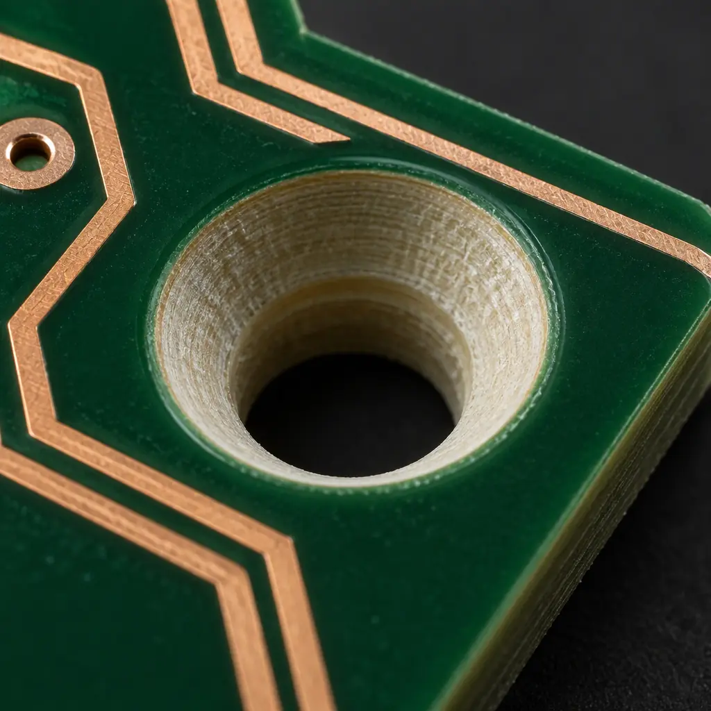 Photorealistic macro photograph of a countersunk screw hole in a green printed circuit board showing the bevel and surrounding copper