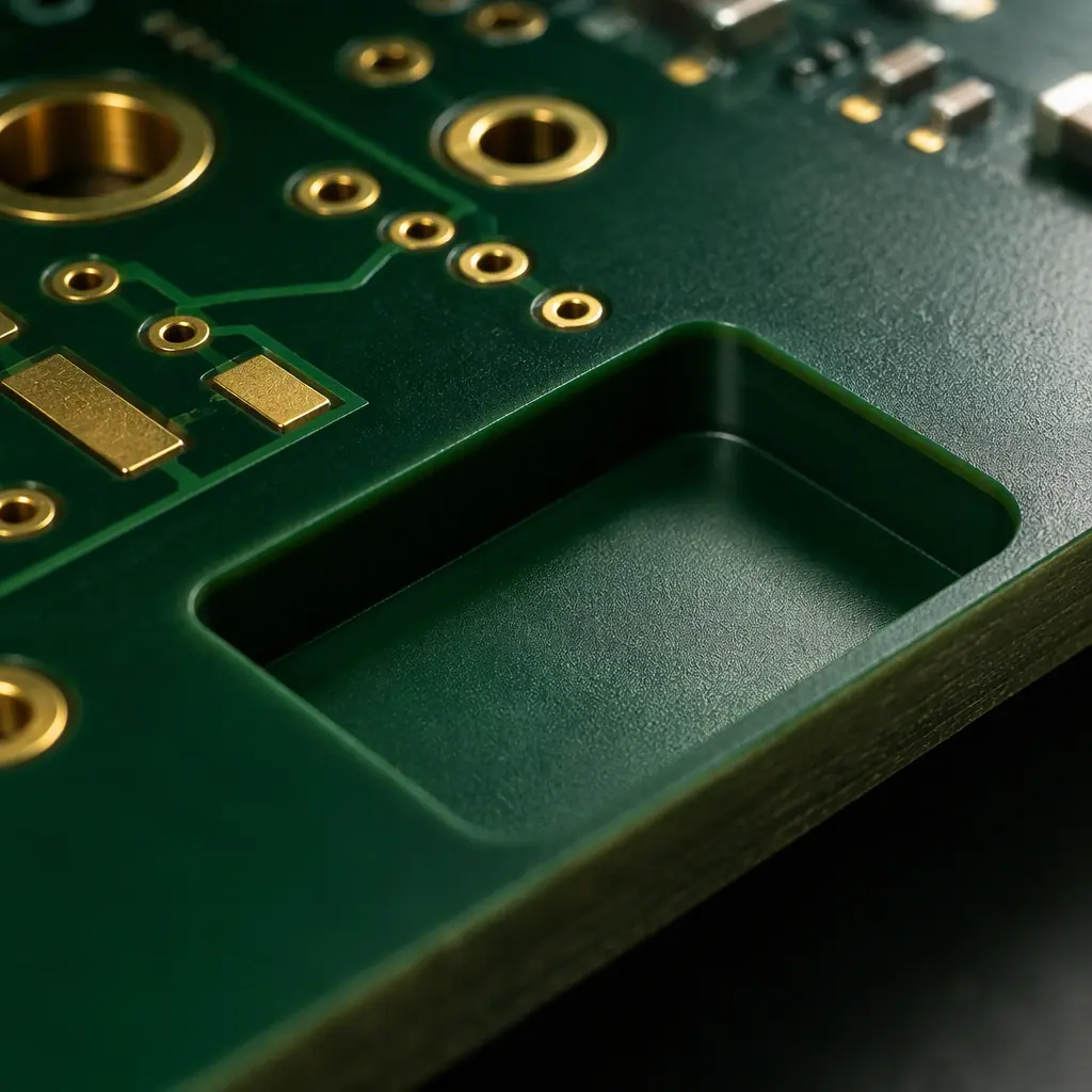 Photorealistic 3D render of a printed circuit board edge showing a depth-routed pocket with a clean floor and controlled corner radius