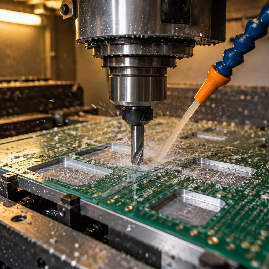 Photograph of a CNC milling spindle cutting a controlled-depth recess into a panel of printed circuit boards in a fabrication shop