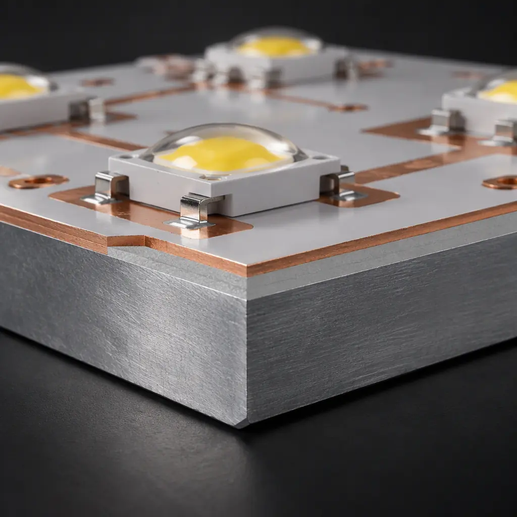 Photorealistic 3D cross-section render of an aluminum metal-core PCB showing the copper circuit layer, thin dielectric, and thick aluminium base with high-power LED packages mounted on top