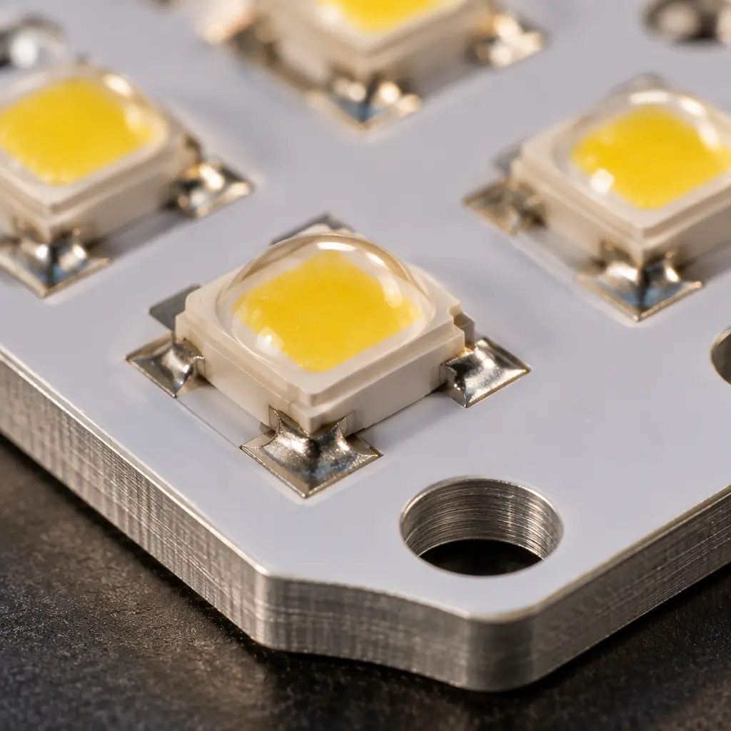 Photorealistic macro photograph of a high-power LED array soldered onto an aluminum metal-core PCB with a white solder mask and exposed metal base edge