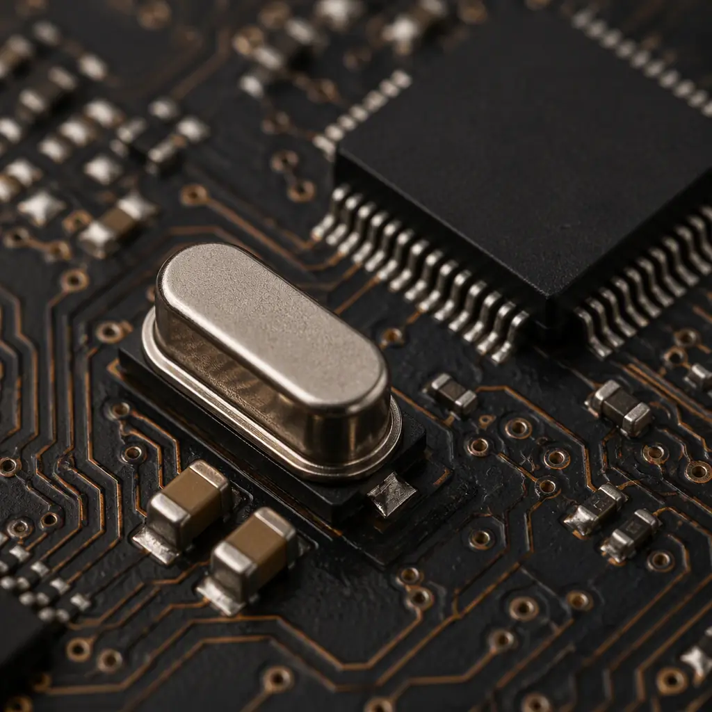 Macro photograph of a quartz crystal oscillator and its two load capacitors placed close to a microcontroller