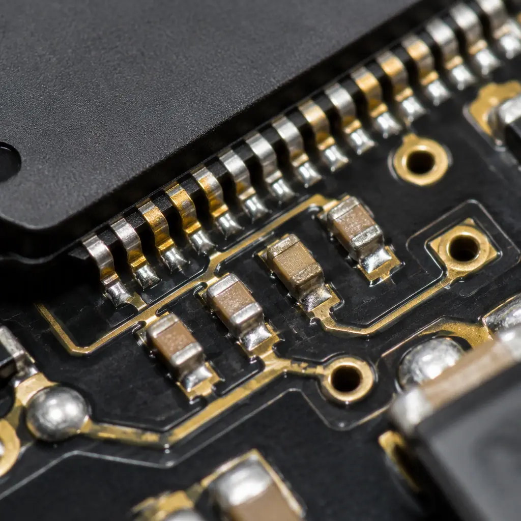 Macro photo of decoupling capacitors placed directly beside a microcontroller package pins on a PCB