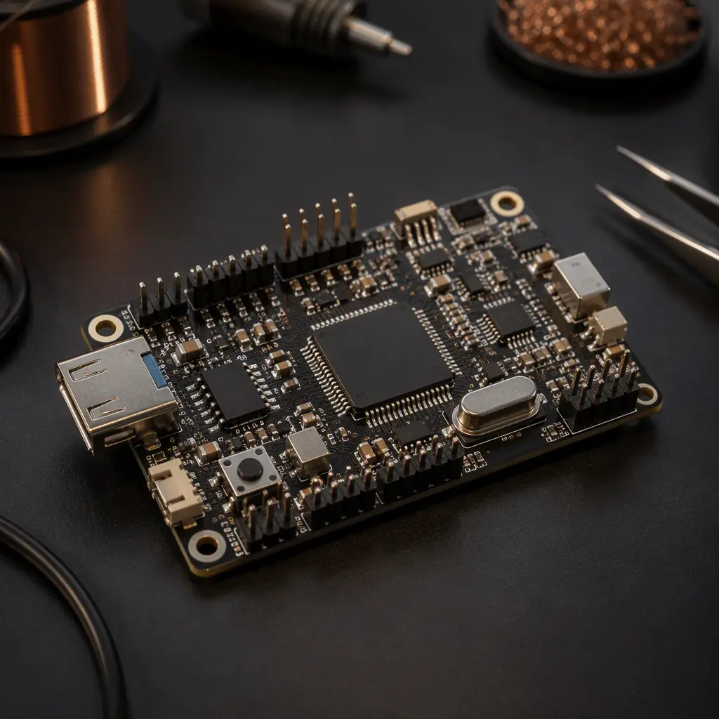 Populated MCU board with a QFP microcontroller, decoupling capacitors, and a crystal oscillator in a clean assembly photo
