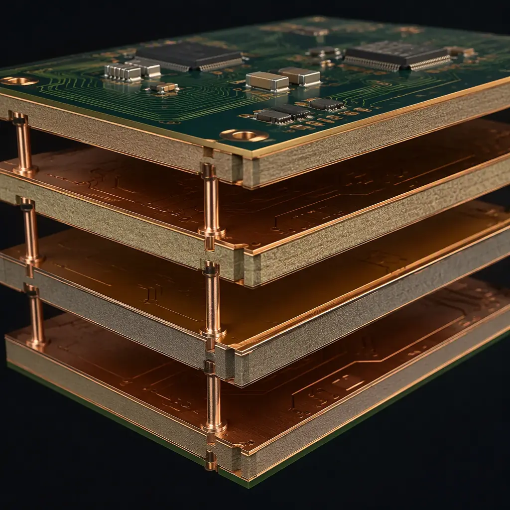 Photorealistic cross-section render of a four-layer PCB showing signal, ground and power planes