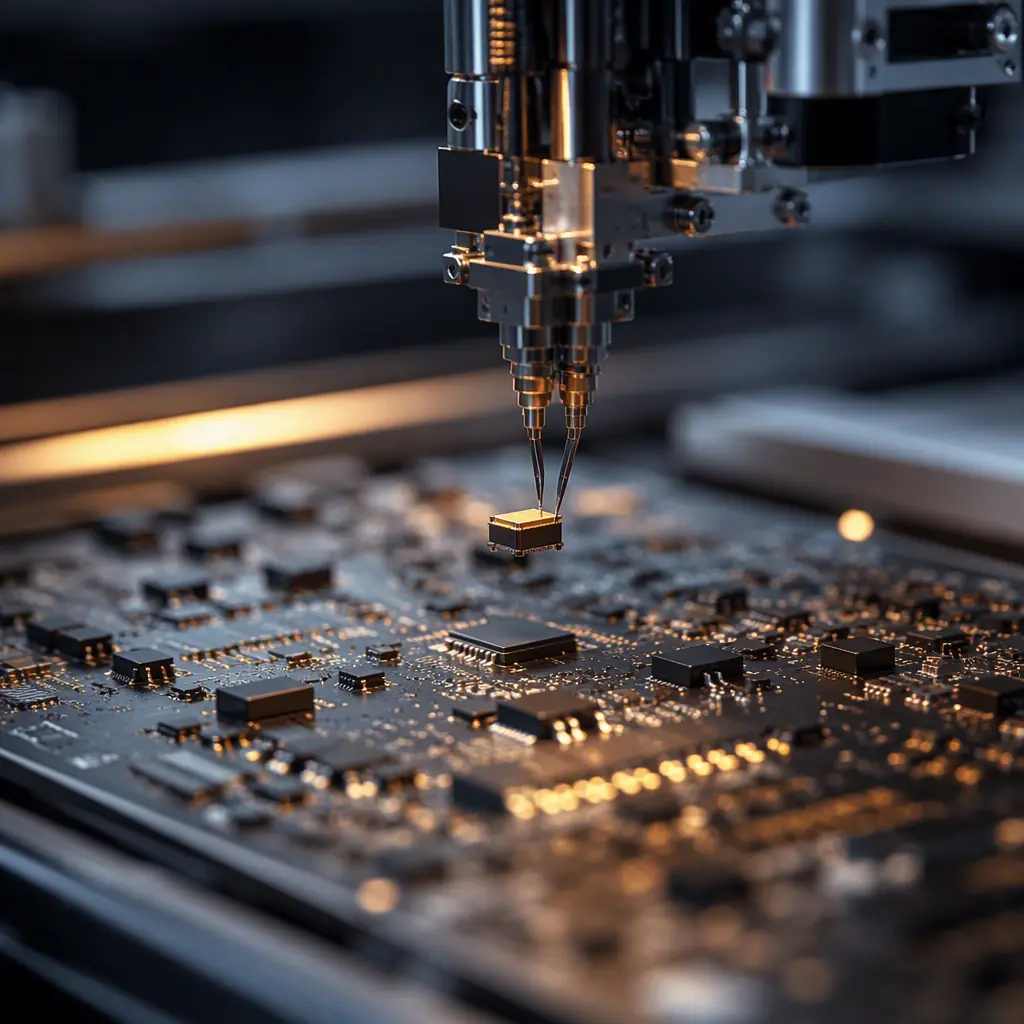 Macro photograph of a pick-and-place machine placing a small MEMS sensor package on a PCB in a clean assembly line