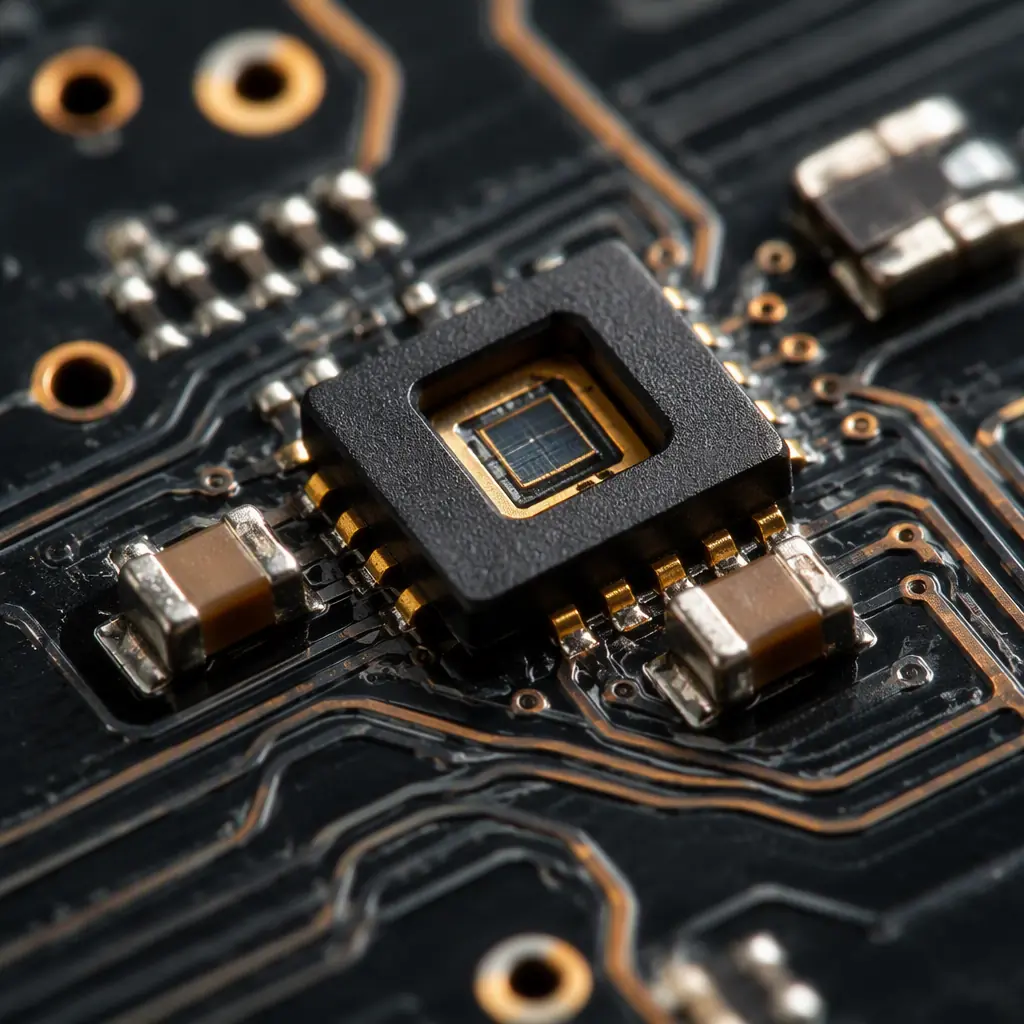 Photorealistic render of a sensor board layout with a MEMS package in the center, decoupling capacitors and ground stitching vias