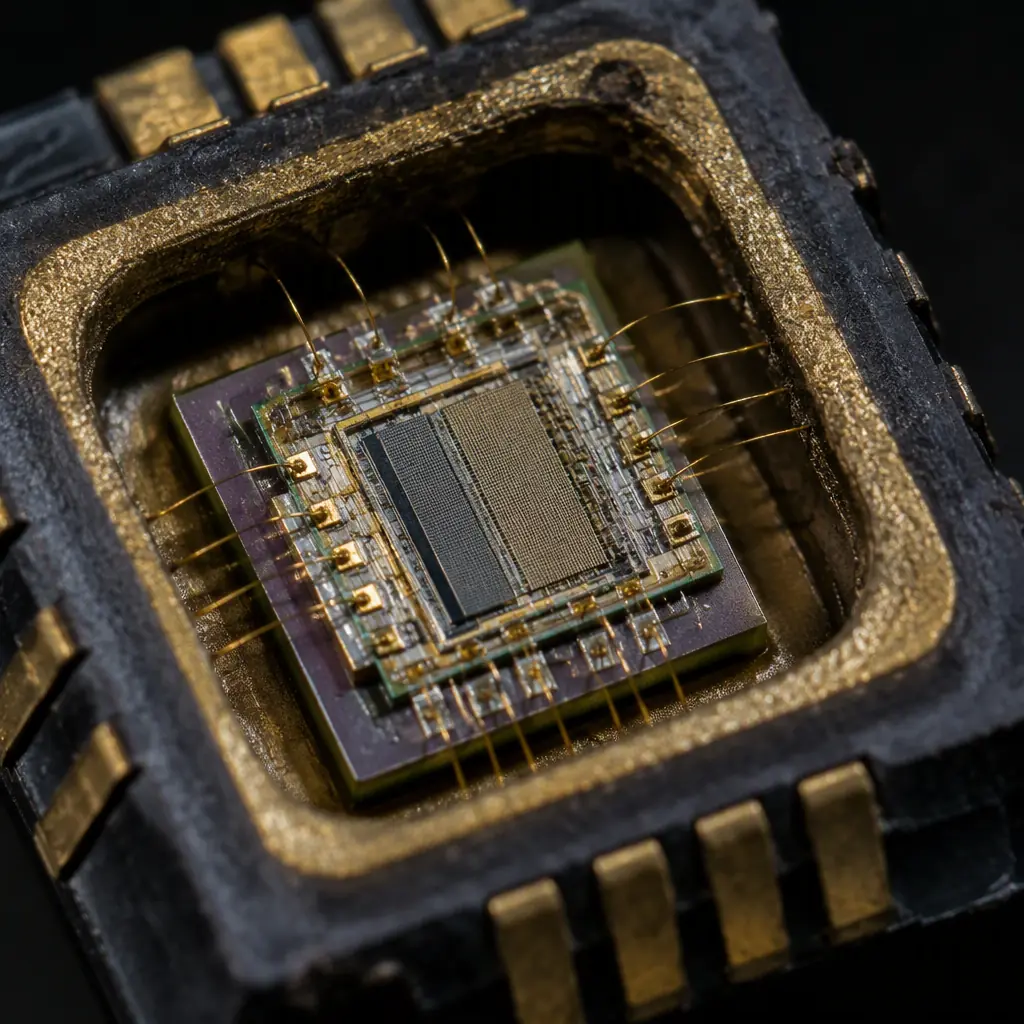 Macro photograph of a small MEMS sensor package with gold bond wires and cavity on a dark PCB