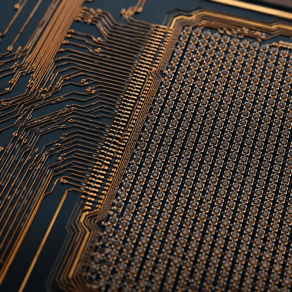 Photorealistic close-up of a microLED backplane showing a dense array of fine copper traces and pixel pads