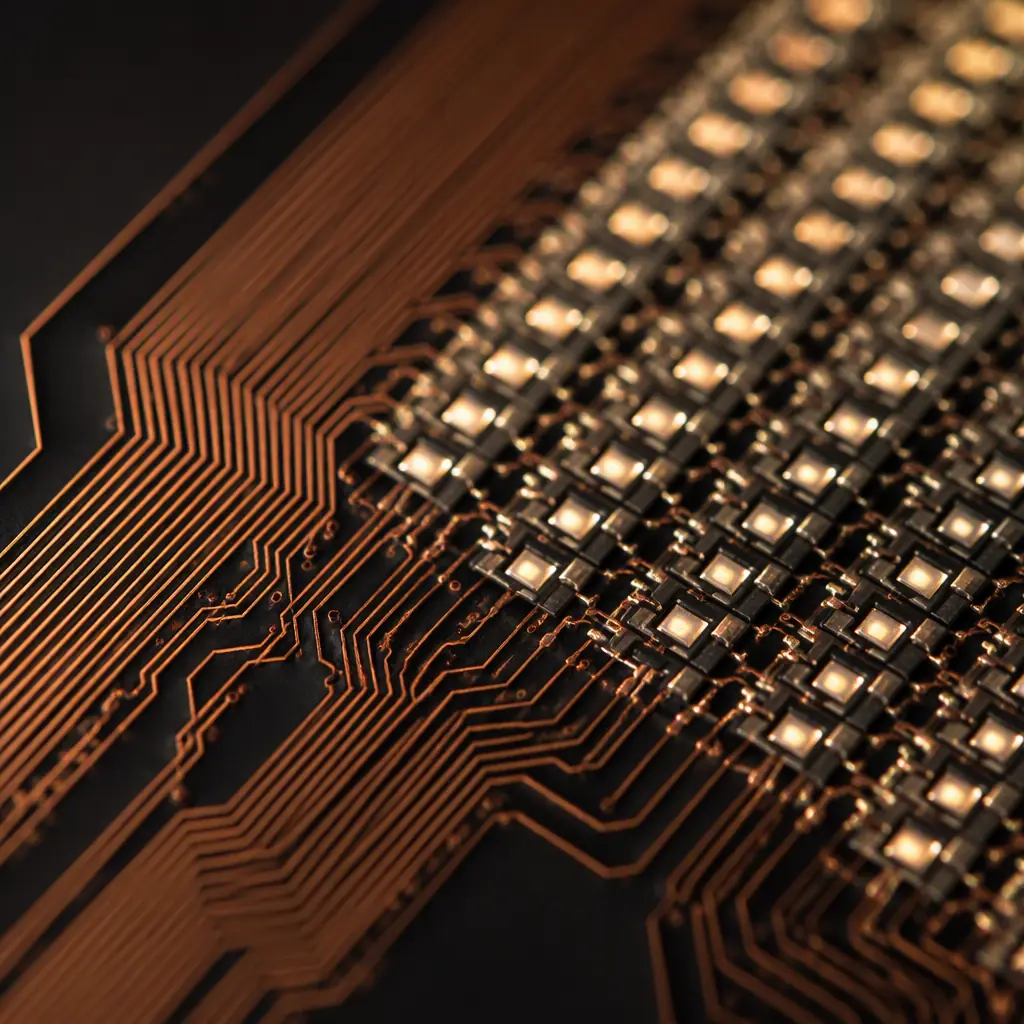 Macro photo of fine pitch copper traces routing to a dense array of tiny LED pixel pads on a display driver board